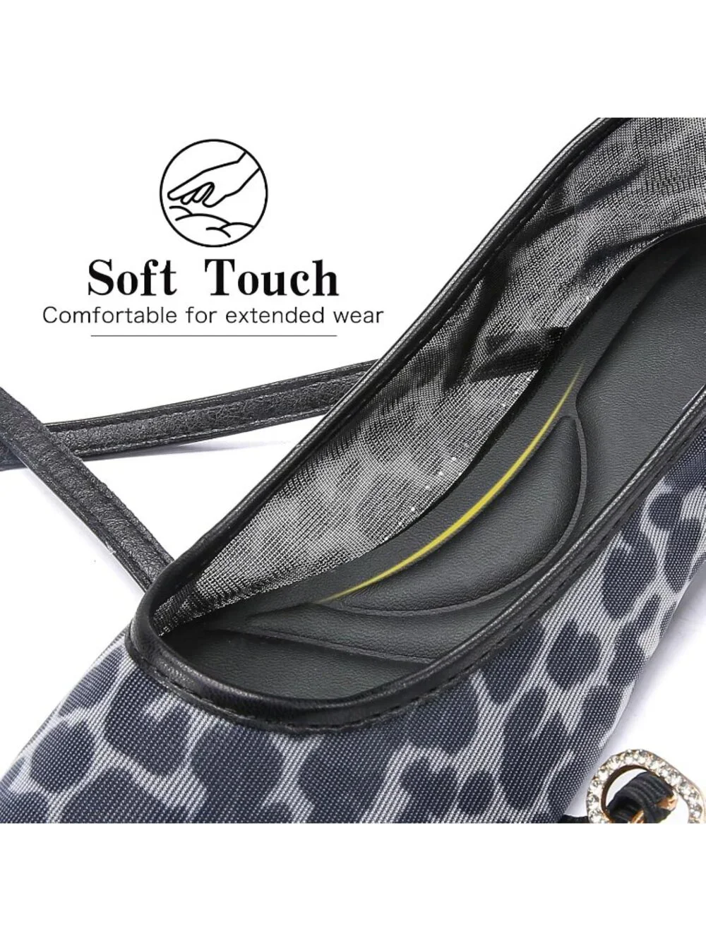Women's Black Leopard Mesh Flats Cross Ankle Strap Flat Slip On Comfortable